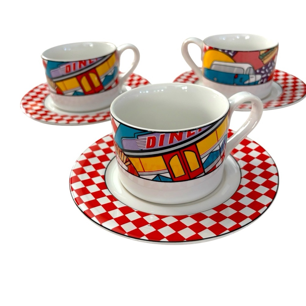 1950’s Century Stoneware Happy Day Three Cups and Matching Saucers in Good Shape